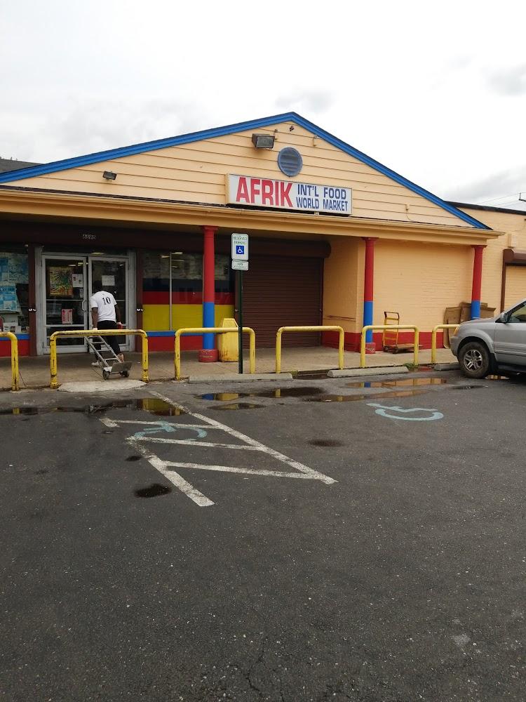 Exterior of Afrik International Food World Market with parking in Hyattsville, MD